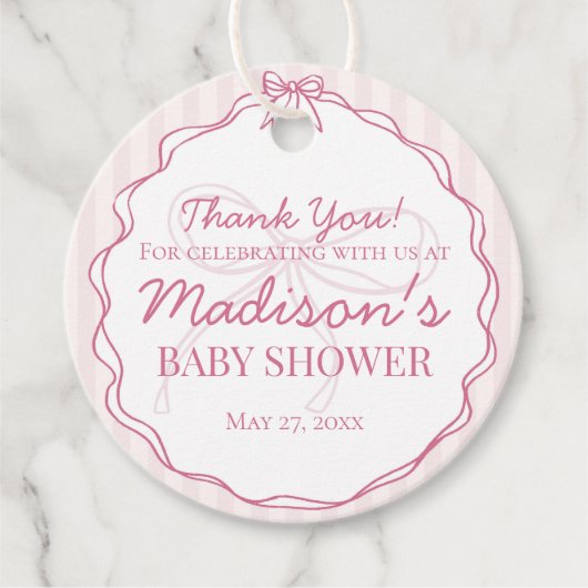 ピンクコケットボウパステルベビーストライプのシャワー フェイバータグ (正面)