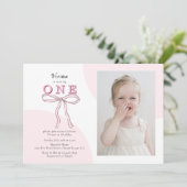 ピンクコケットボウフォト1歳の誕生日 招待状 (スタンド正面)