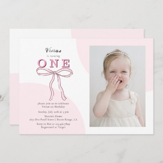 ピンクコケットボウフォト1歳の誕生日 招待状 (正面/裏面)