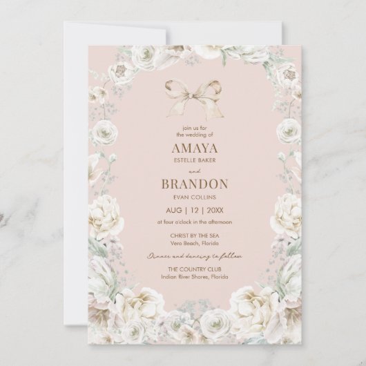 ピンクコケットボウフローラ結婚式招待状 招待状 (正面)