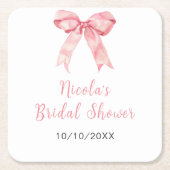 ピンクコケットボウブライダルシャワー スクエアペーパーコースター (正面)