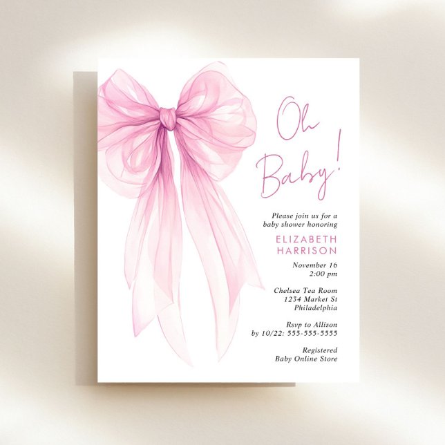 ピンクコケットボウベビーガールシャワー招待状 (Celebrate the upcoming arrival of your baby girl with a cute baby shower invite at a budget price)