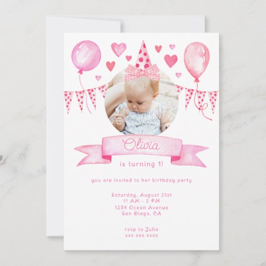 ピンクコケットボウベビーガールバースデーパーティー 招待状 (正面)