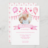 ピンクコケットボウベビーガールバースデーパーティー 招待状 (正面/裏面)