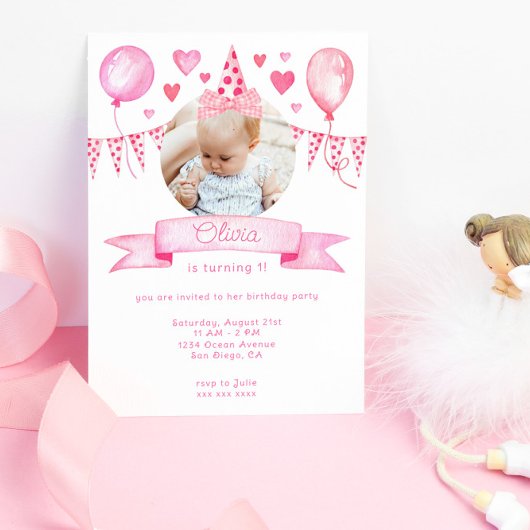 ピンクコケットボウベビーガールバースデーパーティー 招待状