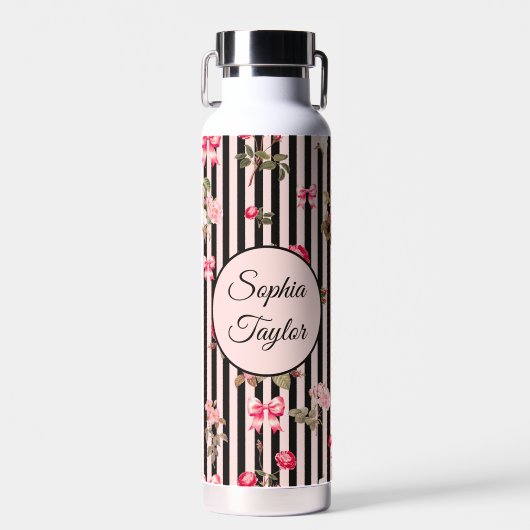 ピンクコケットボウヴィンテージバラブラックストライプ ウォーターボトル (正面)
