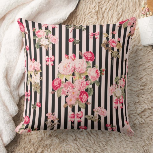 ピンクコケットボウヴィンテージバラブラックストライプ クッション (ブランケット)