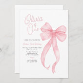ピンクコケットボウ最初の誕生日パーティーの招待状 招待状 (正面/裏面)