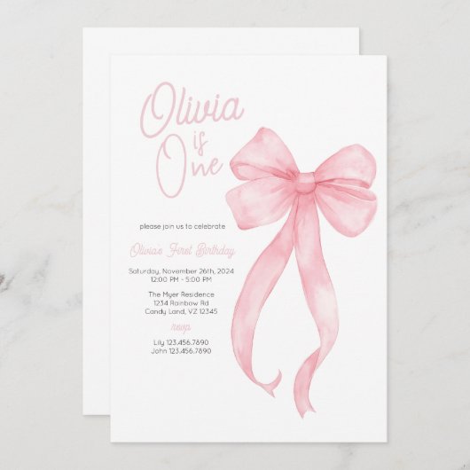 ピンクコケットボウ最初の誕生日パーティーの招待状 招待状 (正面/裏面)