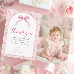 ピンクコケットボウ誕生日写真サンキューカード 招待状