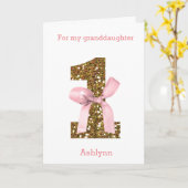 ピンクコケットボウ金ゴールドグリッターワン誕生日 カード (黄色い花)