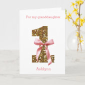 ピンクコケットボウ金ゴールドグリッター1st誕生日 カード (黄色い花)