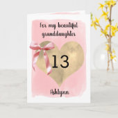 ピンクコケットボウ金ゴールドハート13誕生日 カード (黄色い花)