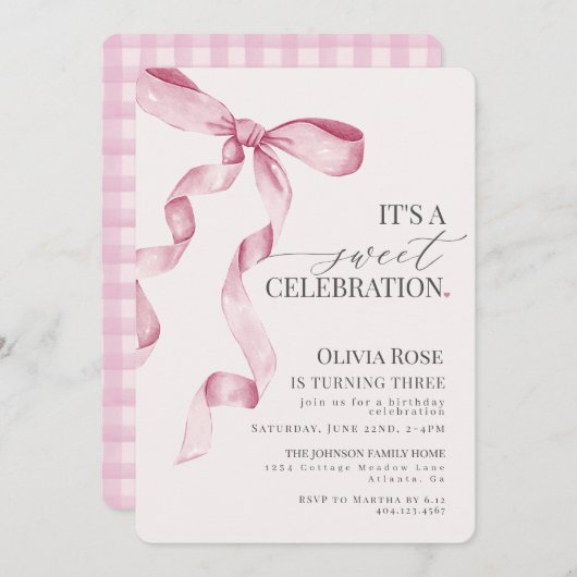 ピンクコケットボーガールバースデーパーティーの招待 (正面/裏面)