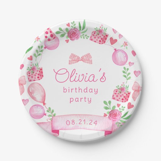 ピンクコケットボーガール名門私立校風の誕生日 ペーパープレート (正面)