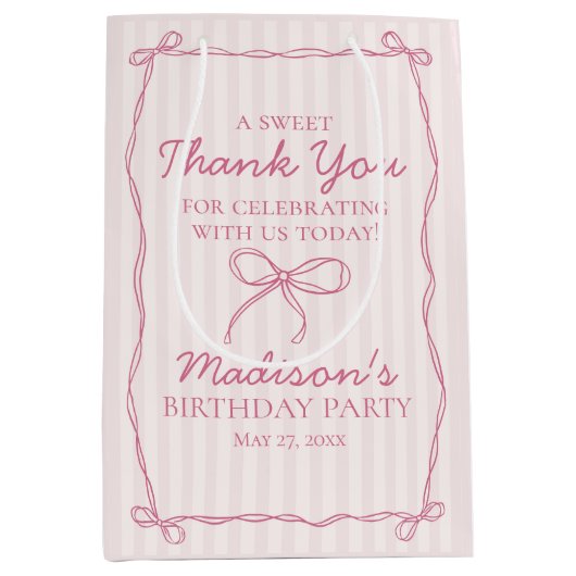 ピンクコケットボーパステルストライプの誕生日の恩恵 ミディアムペーパーバッグ (正面)