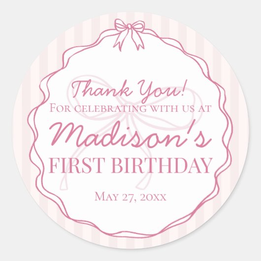 ピンクコケットボーパステルストライプの誕生日の恩恵 ラウンドシール (正面)