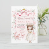 ピンクコケットリボンフローラファーストホーリーコミュニオン 招待状 (スタンド正面)