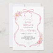 ピンクコケットリボンボウフローラガールベビーシャワー 招待状 (正面)