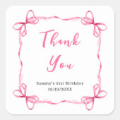 ピンクコケットリボン誕生日パーティーありがとう スクエアシール (正面)