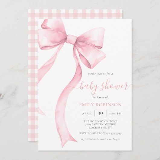 ピンクコケット弓ギンガムガールベビーシャワー 招待状 (正面/裏面)