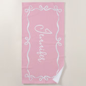 ピンクコケット弓ビーチタオル、名前をカスタムする ビーチタオル (正面)