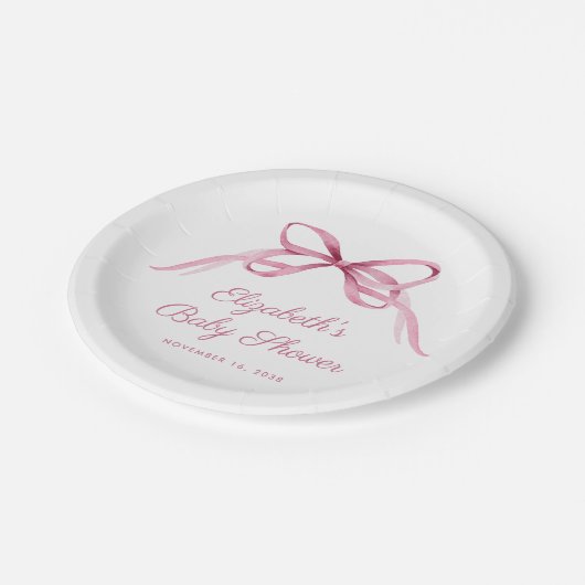ピンクコケット弓ベビーガールシャワー ペーパープレート (アングル)