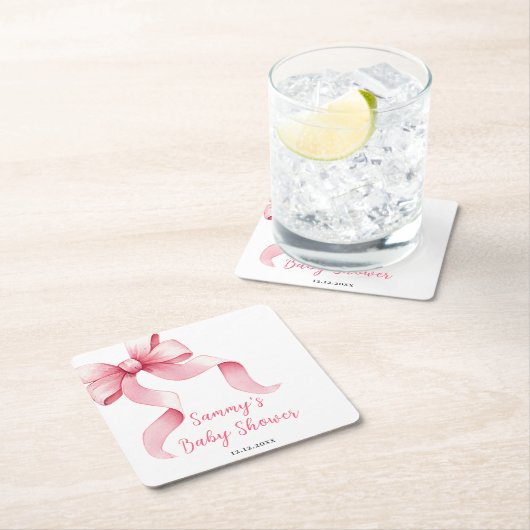 ピンクコケット弓ベビーシャワー スクエアペーパーコースター (インサイチュ)