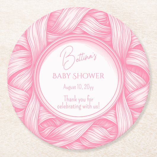ピンクコケット弓リボントイレデジュイベビーブシャワー ラウンドペーパーコースター (正面)