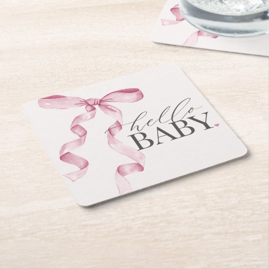 ピンクコケット弓女の子ベビーシャワーデコール スクエアペーパーコースター (アングル)