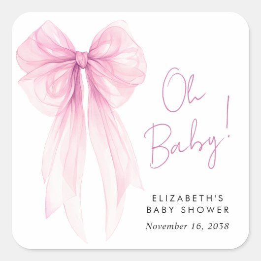ピンクコケット弓水カラーベビーガールシャワー スクエアシール (正面)