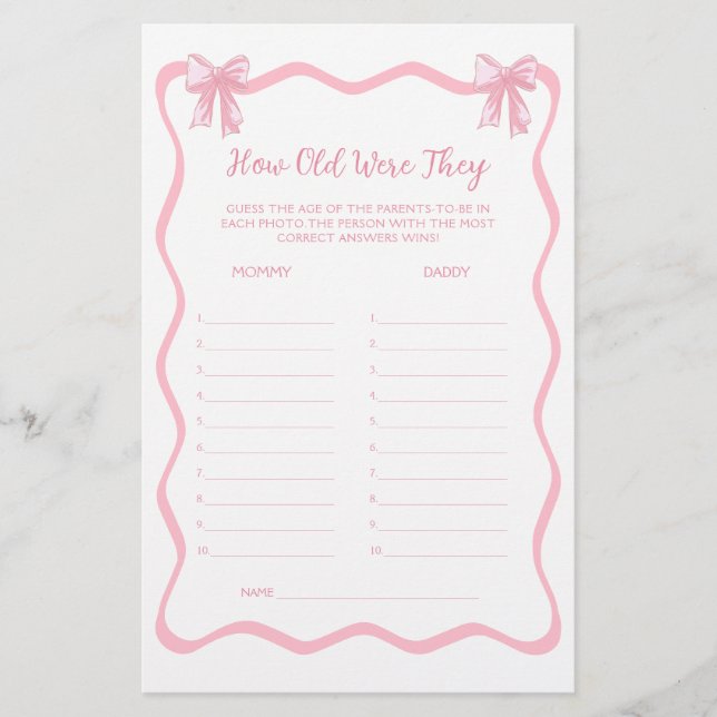 ピンクコケット弓赤ちゃんシャワー年齢ゲームを推測 (正面)