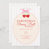 ピンクコケット水カラーさくらんぼ第1誕生日 招待状 (正面/裏面)