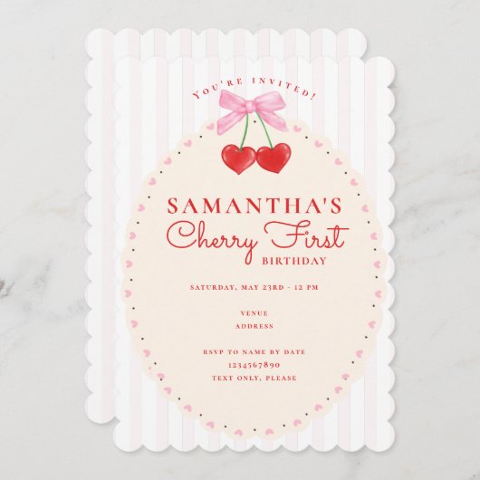ピンクコケット水カラーさくらんぼ第1誕生日 招待状 (正面/裏面)
