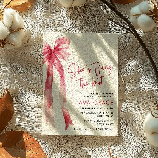 ピンクコケット結び目ブライダルシャワー 招待状