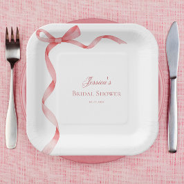 ピンクコケフランスのトリボンボウブライダルシャワー ペーパープレート