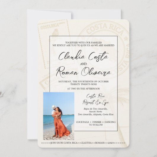 ピンクコスタリカパスポート結婚式招待状 招待状 (正面)