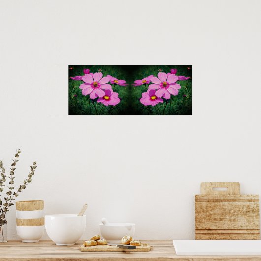 ピンクコスモスフラワーズ鏡抽象芸術 ポスター (キッチン)
