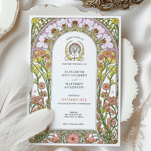 ピンクコスモス&イエローワイルドフラワーズアールヌーボー 招待状