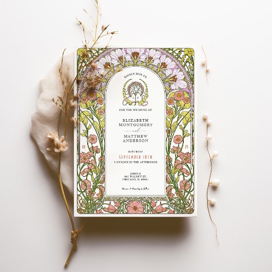 ピンクコスモス&イエローワイルドフラワーズアールヌーボー 招待状