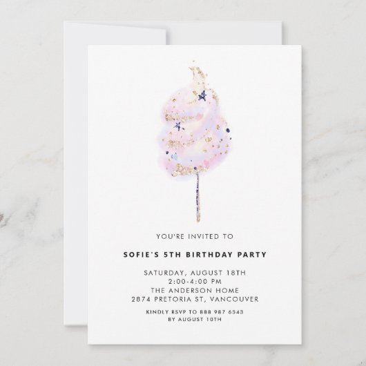 ピンクコットンキャンディと金ゴールドスパークルバースデーパーティー 招待状 (正面)