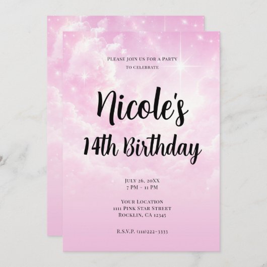 ピンクコットンキャンディクラウドスターリースカイ誕生日パーティー 招待状 (正面/裏面)