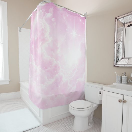 ピンクコットンキャンディクラウドスターリースカイ シャワーカーテン (インサイチュ)