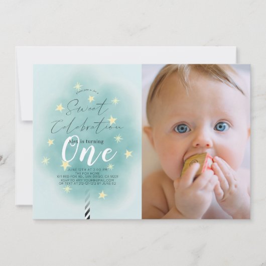 ピンクコットンキャンディスウィートボーイ1stバースデーフォト 招待状 (正面)