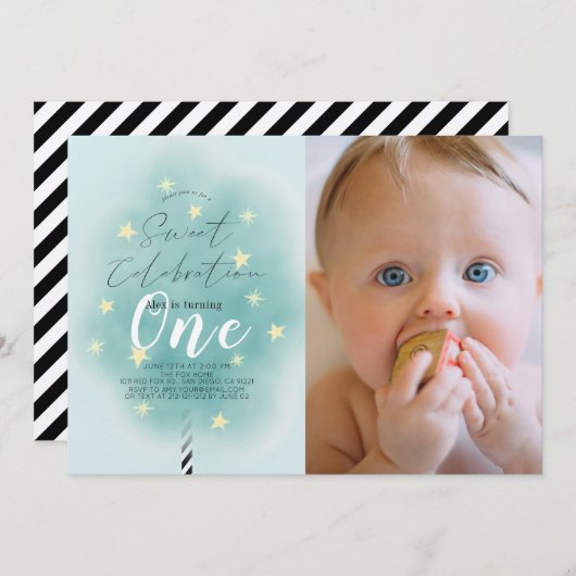 ピンクコットンキャンディスウィートボーイ1stバースデーフォト 招待状 (正面/裏面)