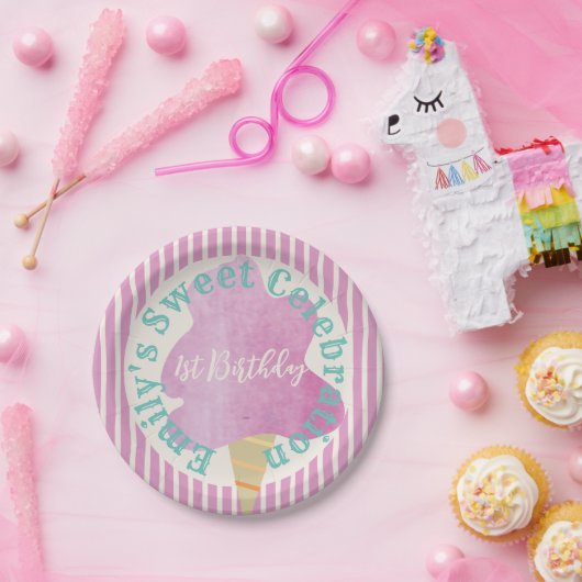 ピンクコットンキャンディバースデーパーティーティール（緑がかった色）タン ペーパープレート (パーティー)