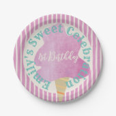 ピンクコットンキャンディバースデーパーティーティール（緑がかった色）タン ペーパープレート (正面)