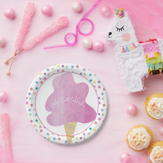 ピンクコットンキャンディバースデーパーティー水の色ドット ペーパープレート (パーティー)