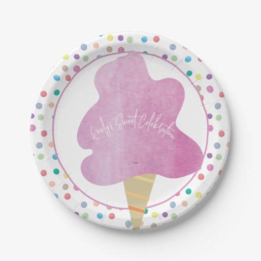 ピンクコットンキャンディバースデーパーティー水の色ドット ペーパープレート (正面)
