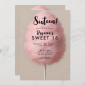ピンクコットンキャンディ金ゴールド紙吹雪スウィート16パーティー 招待状 (正面/裏面)